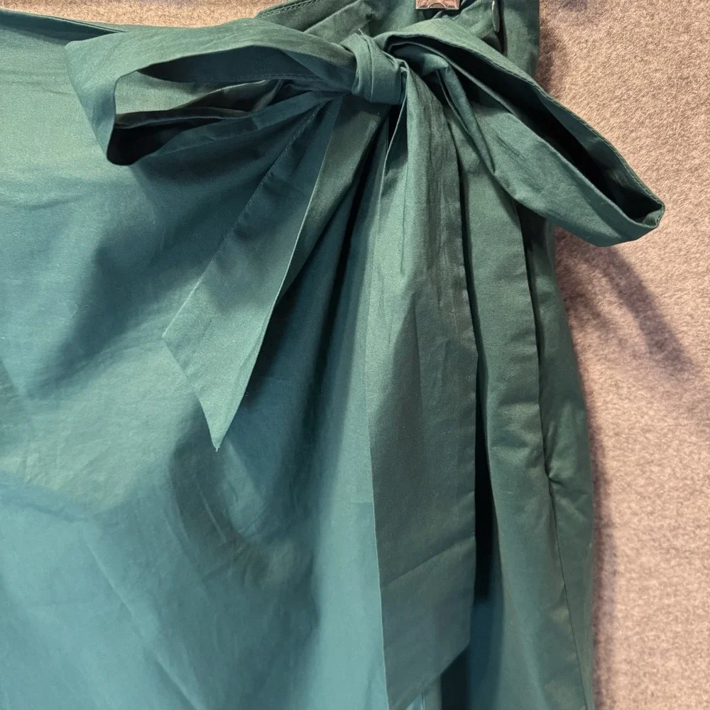 Alfani Forest Green Faux Wrap Midi Skirt  Size 10 Tie Waist Pockets Lined Cotton